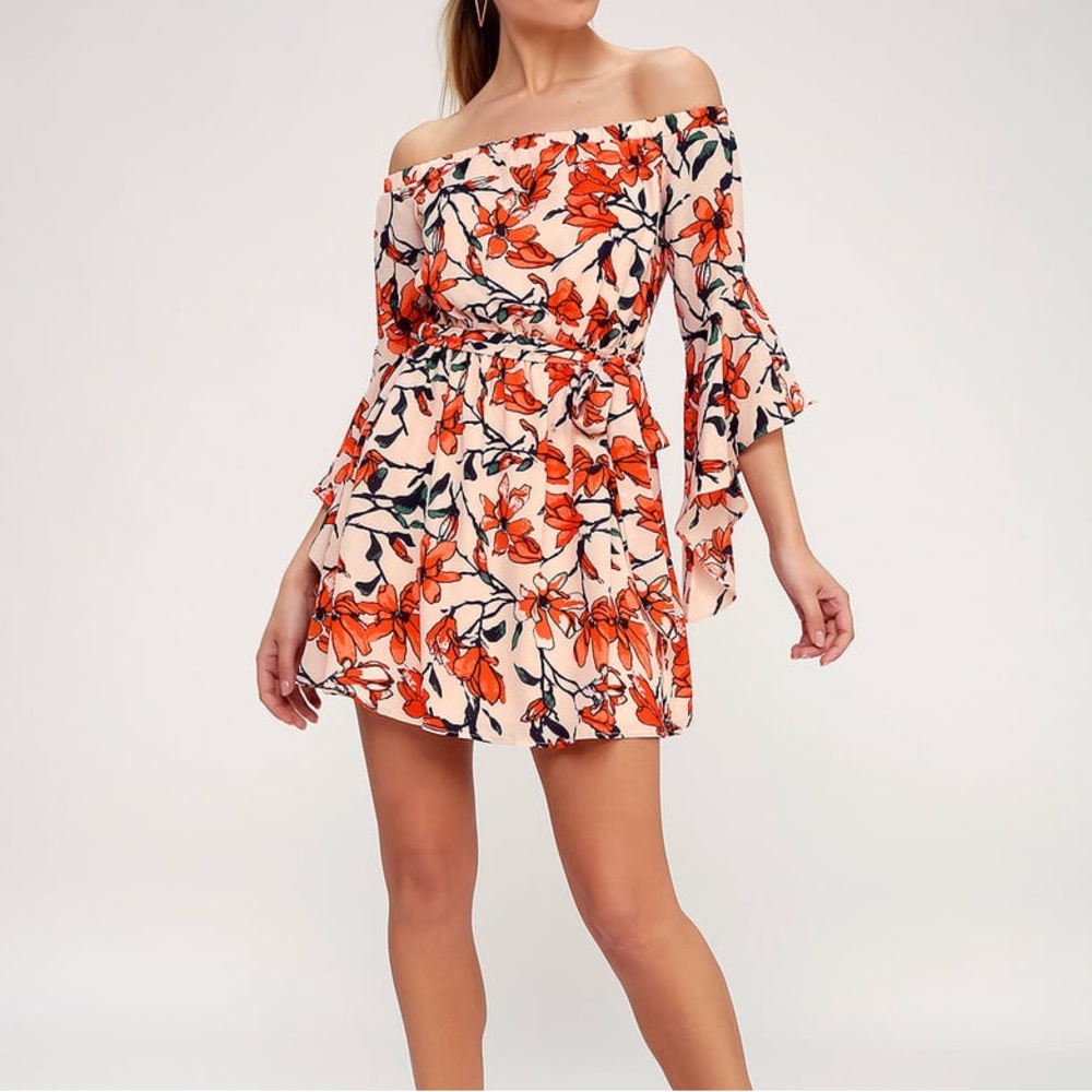 Blushing Blooms Nude Floral Print Off-the-Shoulder Dress